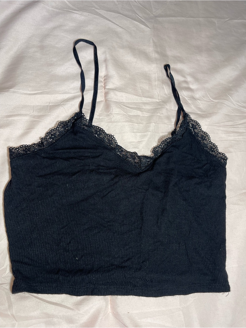 Bozzolo Black Ribbed Lace-Trim Camisole